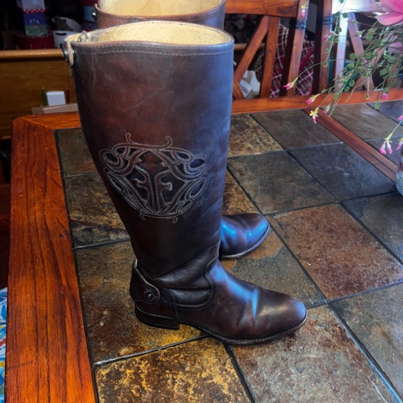 Vintage FRYE Lindsay Riding Monogram High Logo Leather Zip Boots in 5.5 Rare - Picture 5 of 6